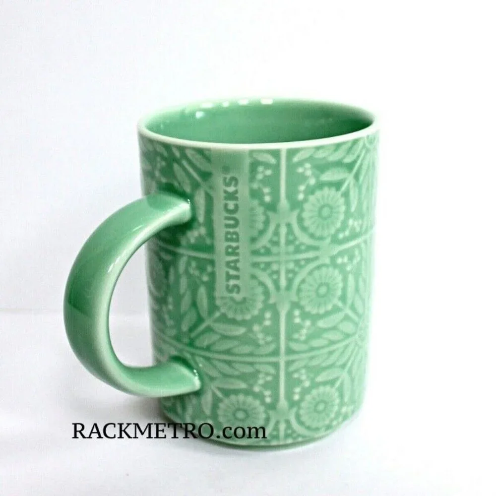 Starbucks Jade Green Floral Handle Coffee Mug Cup 12 oz